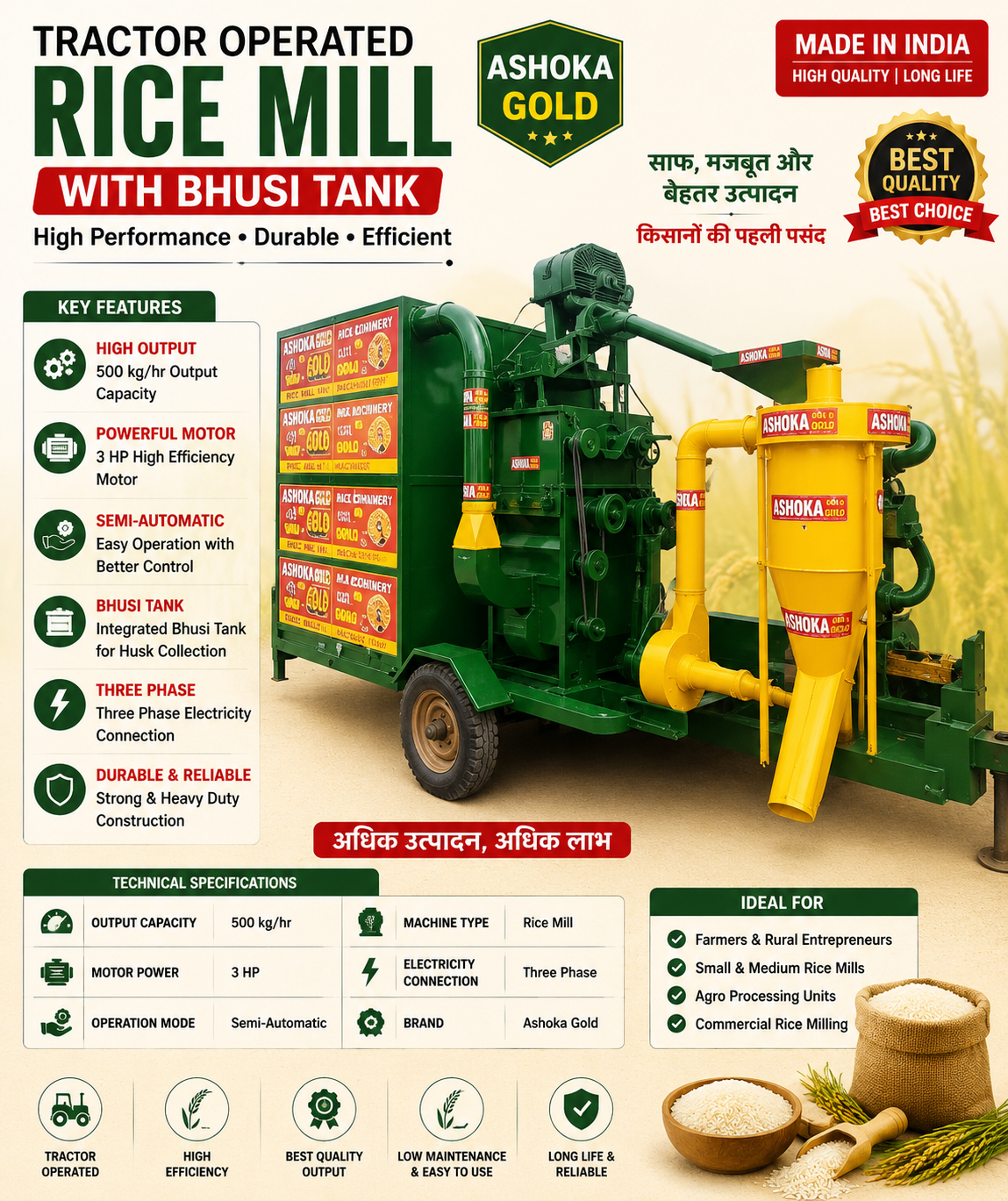 Tractor Operated Rice Mill with Bhusi Tank