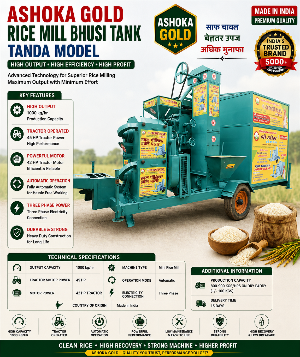 Mini Rice Mill Tractor Operated wtih Bhusi Tank Tanda Model